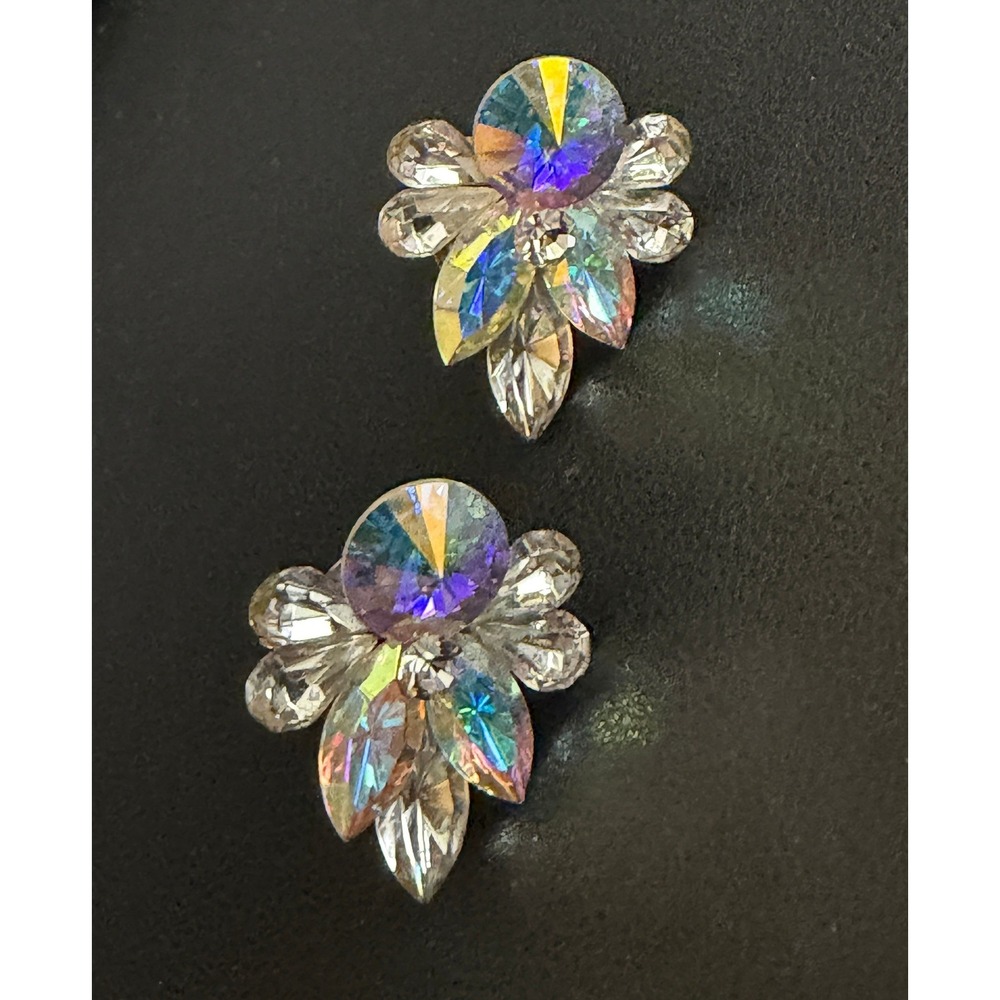 Vintage Rhinestone Earrings Swarovski Crystal Aurora Borealis Clip Ons AB